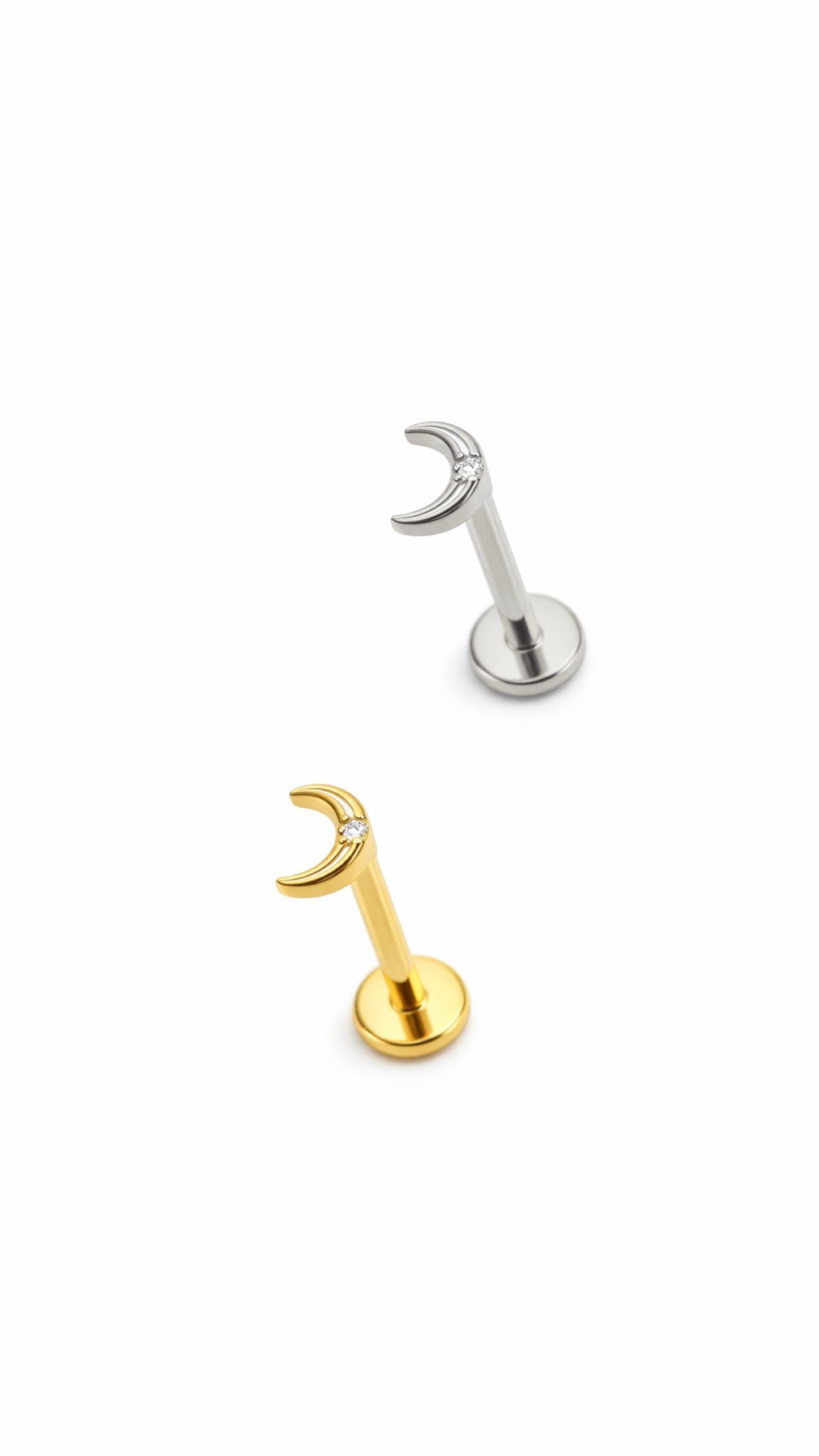 עגיל פירסינג טיטניום/ בציפוי זהב 14 קראט בצורת ירח עם שיבוץ זרקון