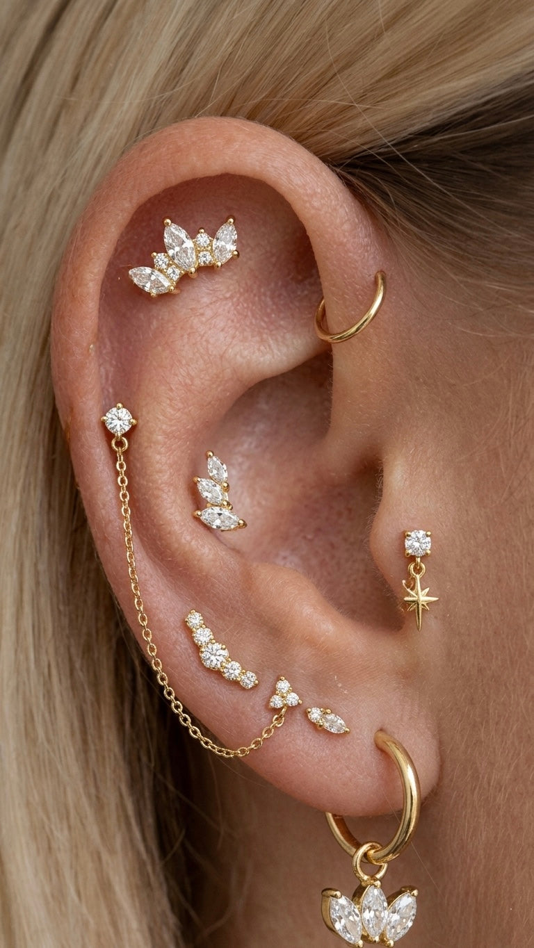 משובץ זרקונים k14 עגיל פירסינג טטניום / בציפוי זהב