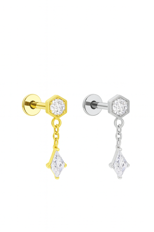 עגיל פירסינג טיטניום/ בציפוי זהב 14 קראט עם תליון מעוין משובץ בזרקונים